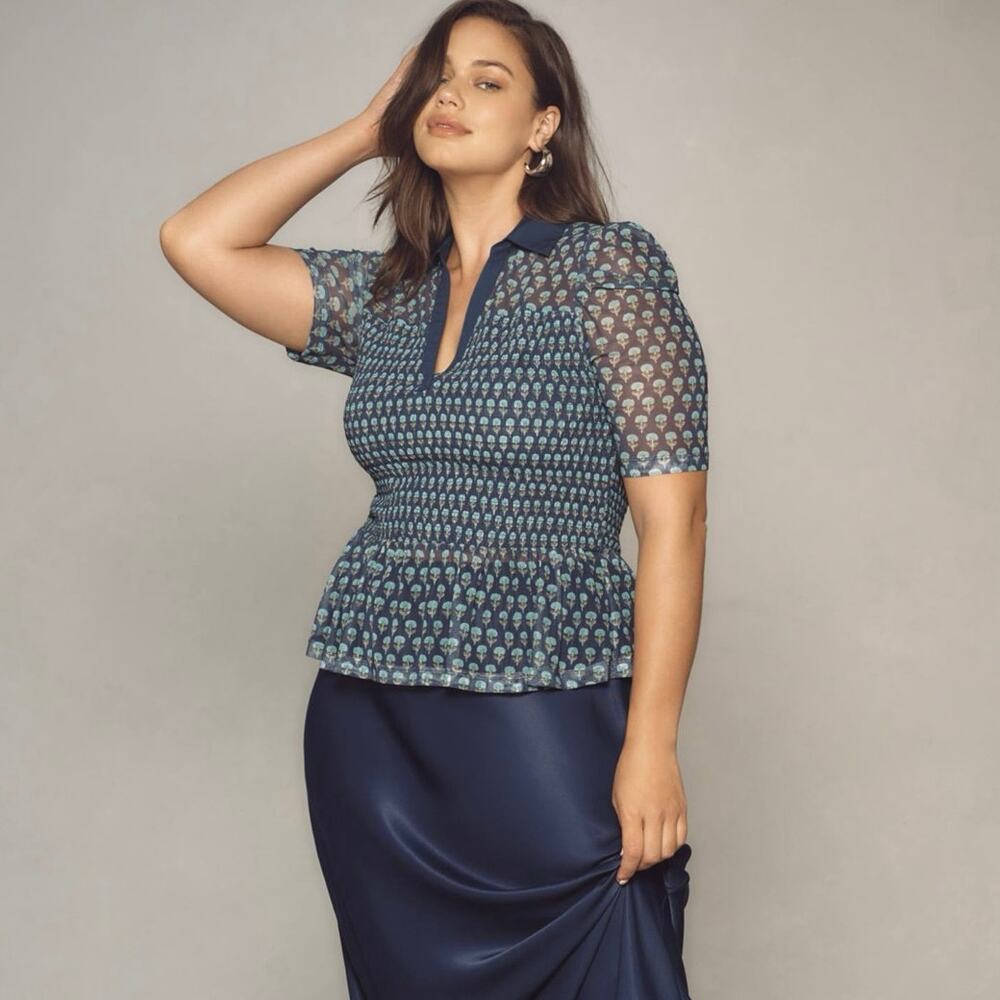 Anthropologie Maeve Short Sleeve Smocked Blue Polo Floral Top, Size Medium